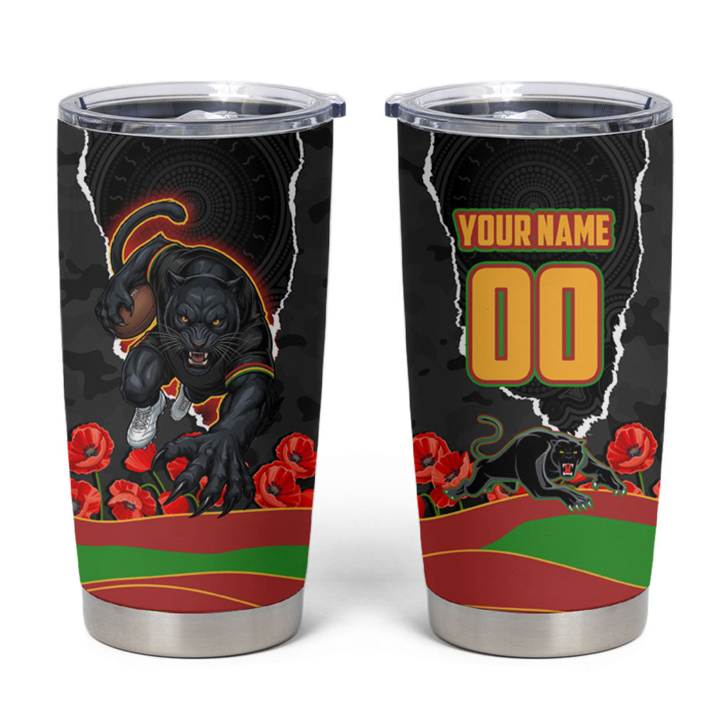Personalized Penrith Panthers ANZAC Tribute Tumbler Cup Poppy Field Soldier Silhouette Aboriginal Rugby Mascot
