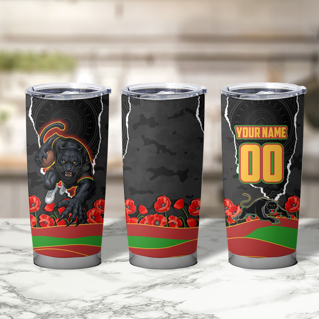 Personalized Penrith Panthers ANZAC Tribute Tumbler Cup Poppy Field Soldier Silhouette Aboriginal Rugby Mascot