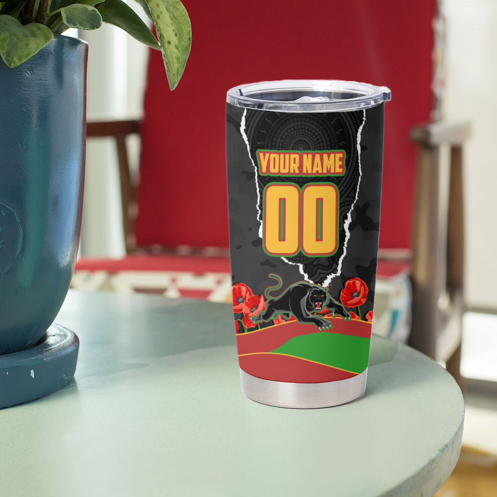 Personalized Penrith Panthers ANZAC Tribute Tumbler Cup Poppy Field Soldier Silhouette Aboriginal Rugby Mascot