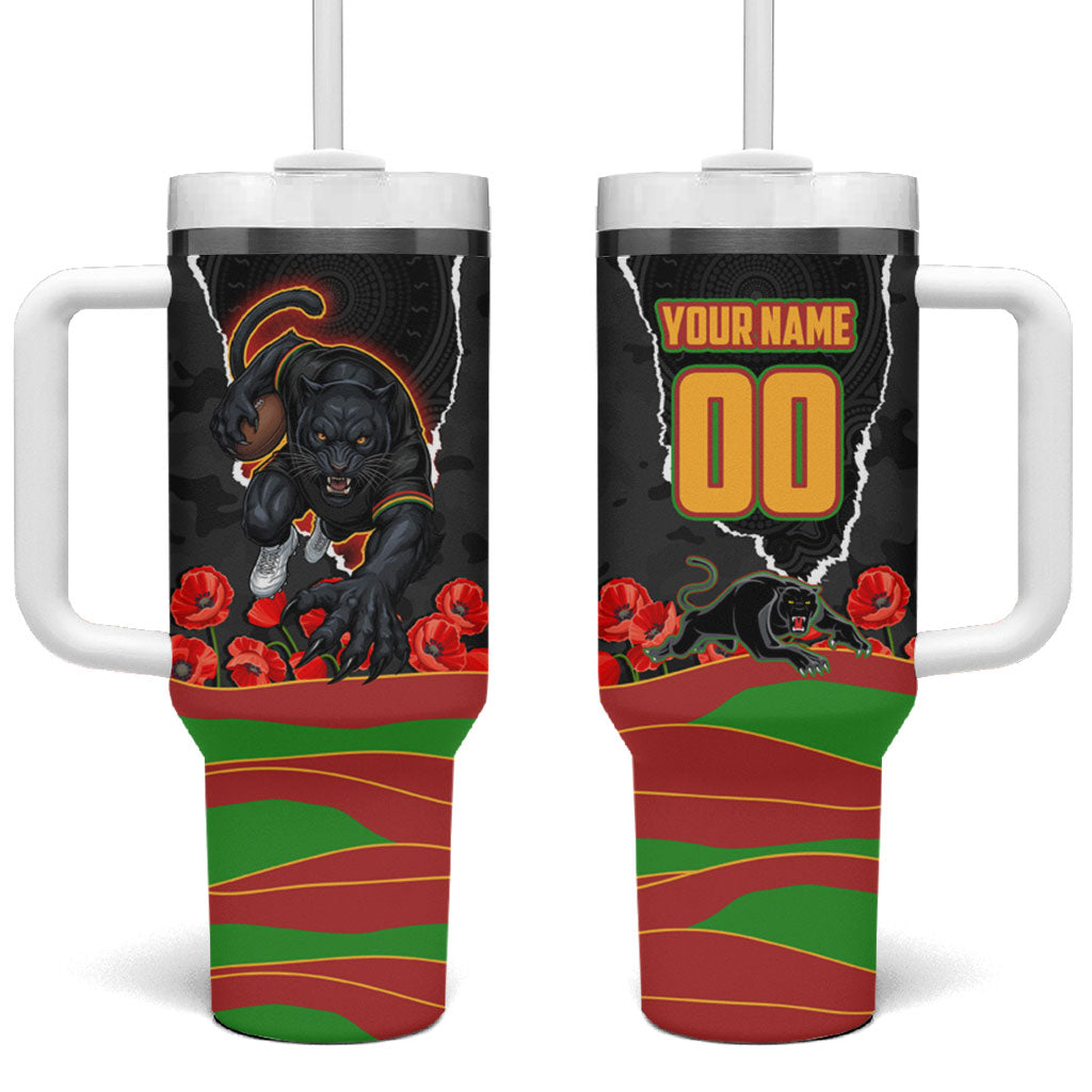 Personalized Penrith Panthers ANZAC Tribute Tumbler With Handle Poppy Field Soldier Silhouette Aboriginal Rugby Mascot