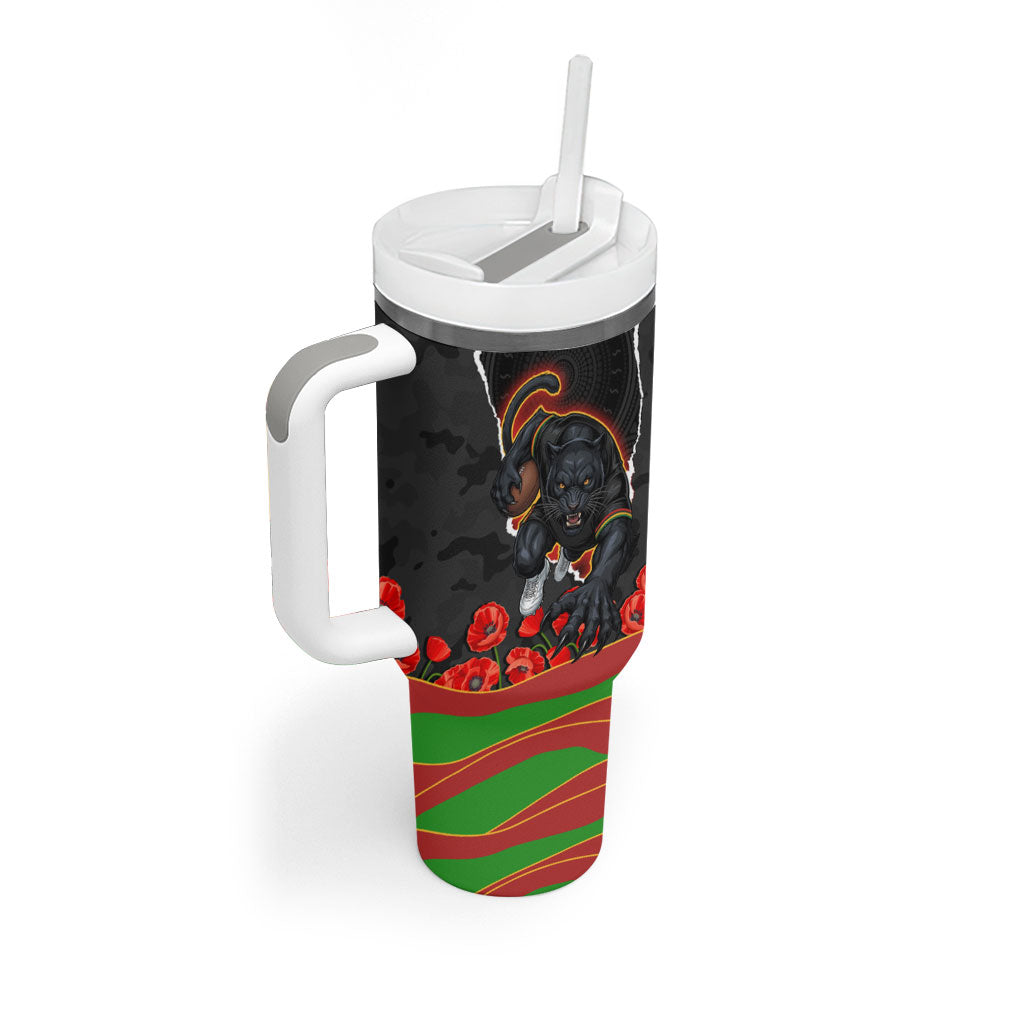Personalized Penrith Panthers ANZAC Tribute Tumbler With Handle Poppy Field Soldier Silhouette Aboriginal Rugby Mascot
