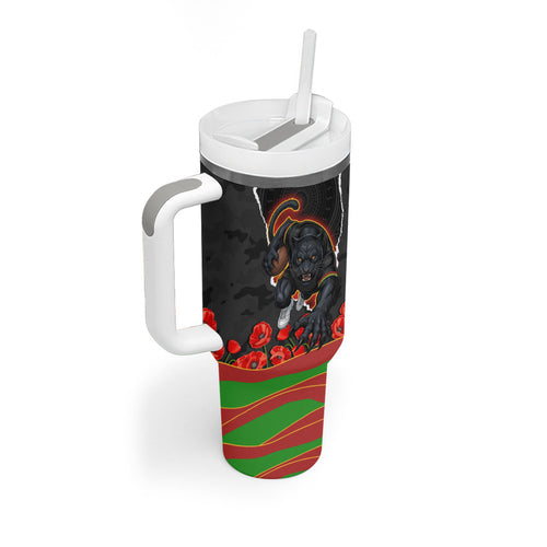 Personalized Penrith Panthers ANZAC Tribute Tumbler With Handle Poppy Field Soldier Silhouette Aboriginal Rugby Mascot