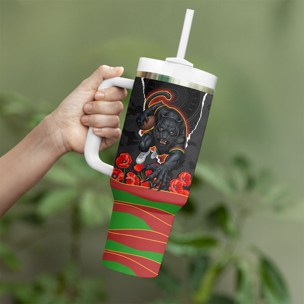 Personalized Penrith Panthers ANZAC Tribute Tumbler With Handle Poppy Field Soldier Silhouette Aboriginal Rugby Mascot