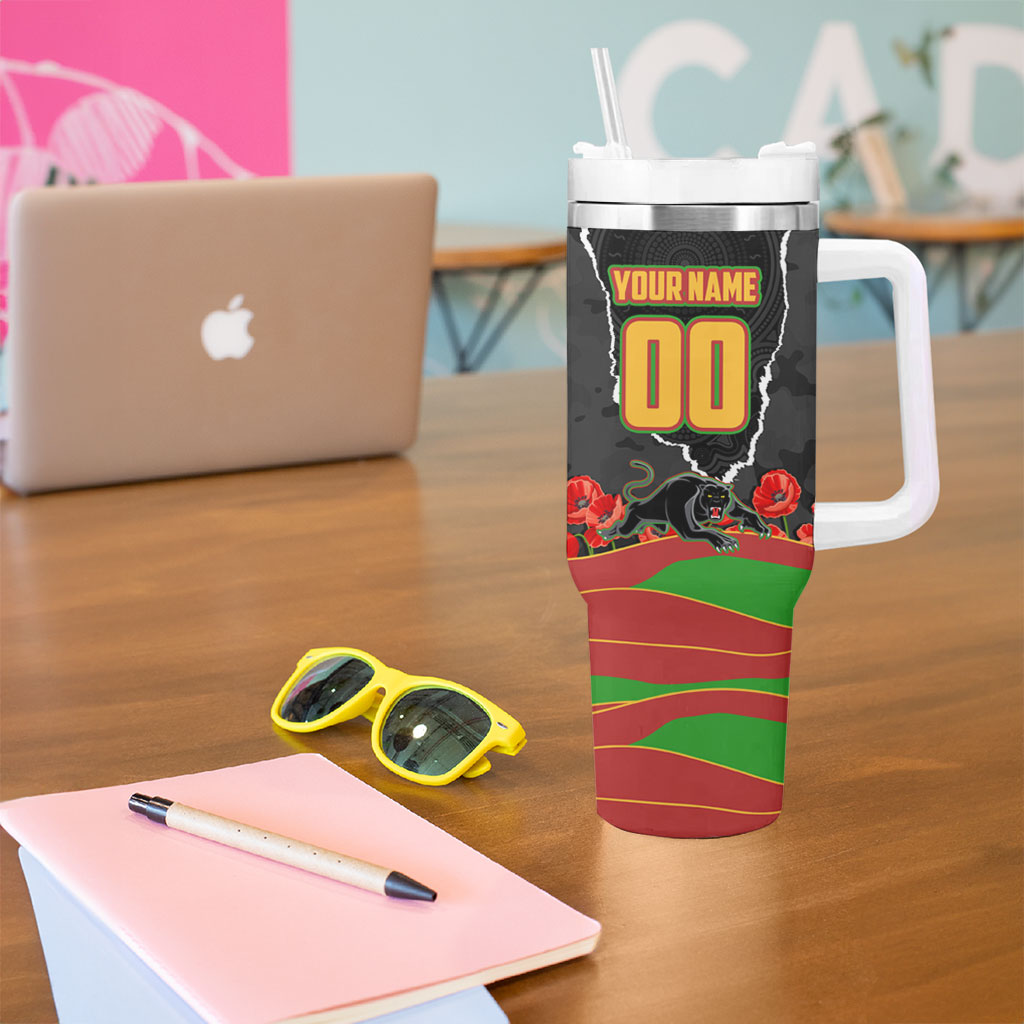 Personalized Penrith Panthers ANZAC Tribute Tumbler With Handle Poppy Field Soldier Silhouette Aboriginal Rugby Mascot