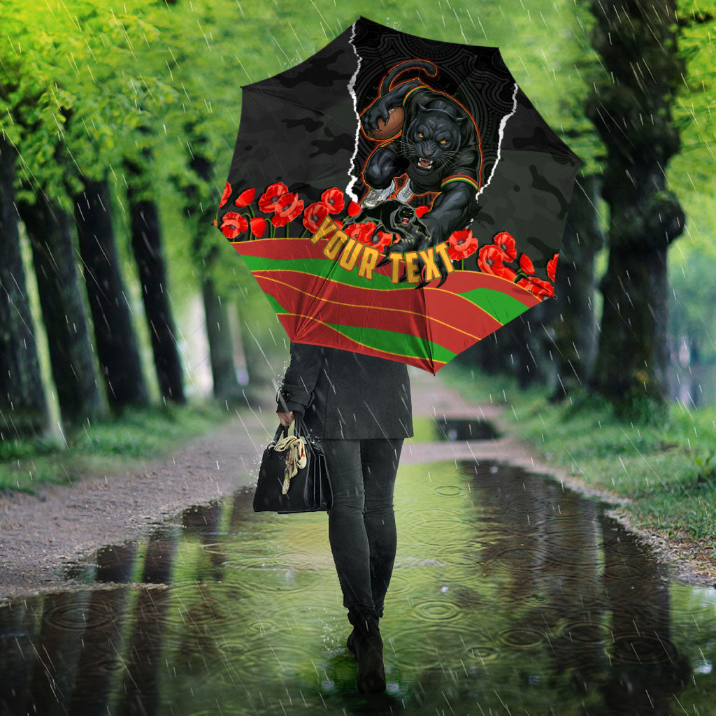 Personalized Penrith Panthers ANZAC Tribute Umbrella Poppy Field Soldier Silhouette Aboriginal Rugby Mascot