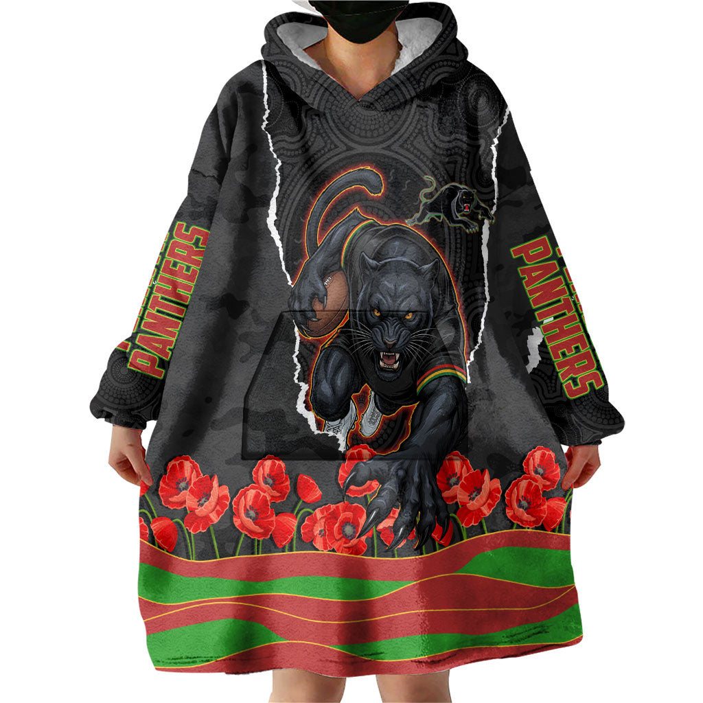Personalized Penrith Panthers ANZAC Tribute Wearable Blanket Hoodie Poppy Field Soldier Silhouette Aboriginal Rugby Mascot