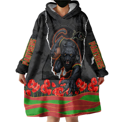 Personalized Penrith Panthers ANZAC Tribute Wearable Blanket Hoodie Poppy Field Soldier Silhouette Aboriginal Rugby Mascot