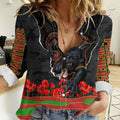 Personalized Penrith Panthers ANZAC Tribute Women Casual Shirt Poppy Field Soldier Silhouette Aboriginal Rugby Mascot