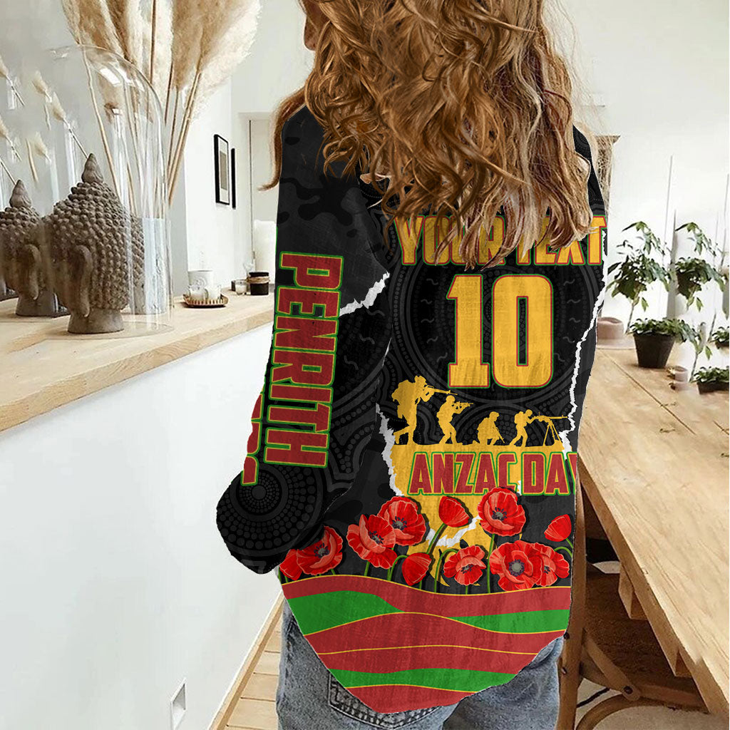 Personalized Penrith Panthers ANZAC Tribute Women Casual Shirt Poppy Field Soldier Silhouette Aboriginal Rugby Mascot