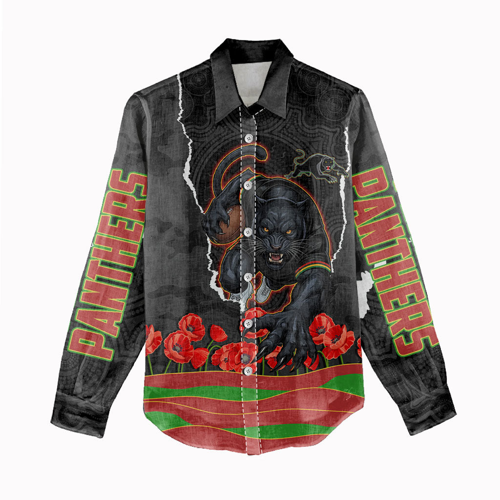 Personalized Penrith Panthers ANZAC Tribute Women Casual Shirt Poppy Field Soldier Silhouette Aboriginal Rugby Mascot