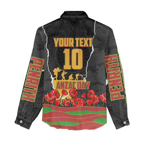 Personalized Penrith Panthers ANZAC Tribute Women Casual Shirt Poppy Field Soldier Silhouette Aboriginal Rugby Mascot