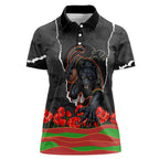 Personalized Penrith Panthers ANZAC Tribute Women Polo Shirt Poppy Field Soldier Silhouette Aboriginal Rugby Mascot