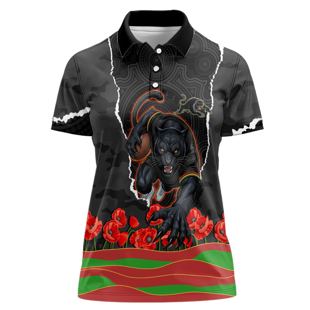 Personalized Penrith Panthers ANZAC Tribute Women Polo Shirt Poppy Field Soldier Silhouette Aboriginal Rugby Mascot