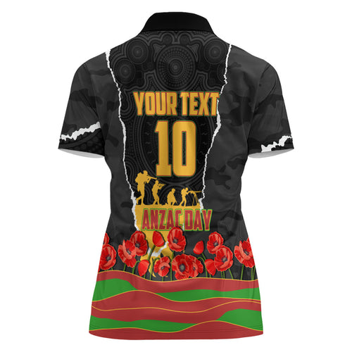 Personalized Penrith Panthers ANZAC Tribute Women Polo Shirt Poppy Field Soldier Silhouette Aboriginal Rugby Mascot