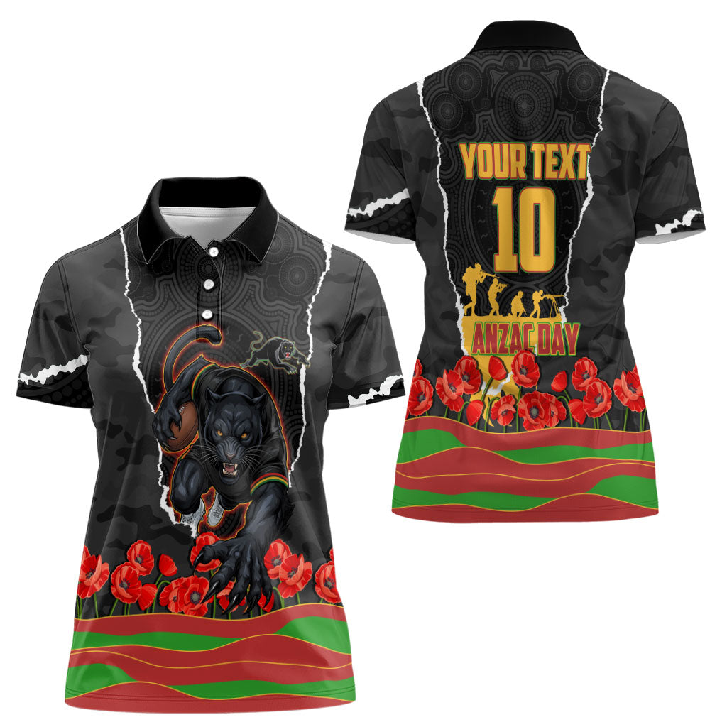 Personalized Penrith Panthers ANZAC Tribute Women Polo Shirt Poppy Field Soldier Silhouette Aboriginal Rugby Mascot
