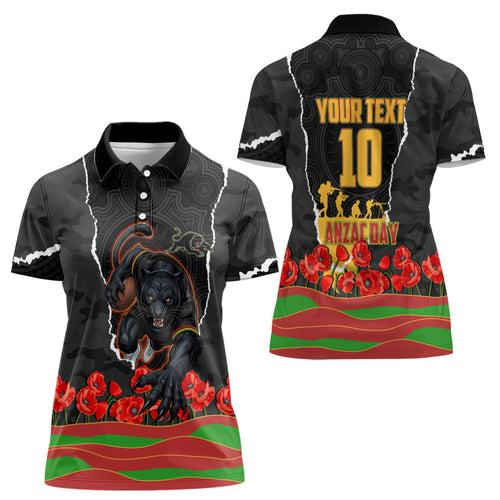 Personalized Penrith Panthers ANZAC Tribute Women Polo Shirt Poppy Field Soldier Silhouette Aboriginal Rugby Mascot