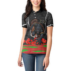 Personalized Penrith Panthers ANZAC Tribute Women Polo Shirt Poppy Field Soldier Silhouette Aboriginal Rugby Mascot