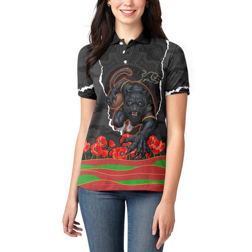 Personalized Penrith Panthers ANZAC Tribute Women Polo Shirt Poppy Field Soldier Silhouette Aboriginal Rugby Mascot