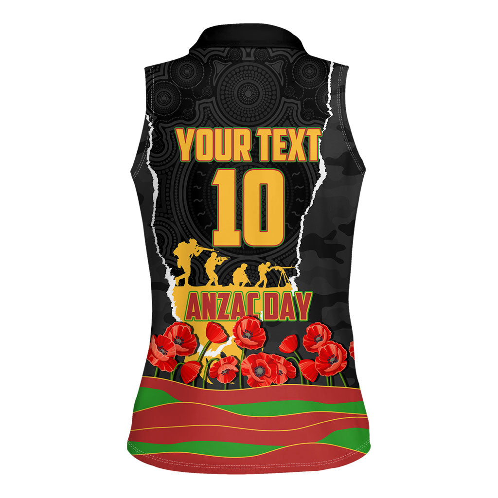 Personalized Penrith Panthers ANZAC Tribute Women Sleeveless Polo Shirt Poppy Field Soldier Silhouette Aboriginal Rugby Mascot