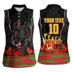 Personalized Penrith Panthers ANZAC Tribute Women Sleeveless Polo Shirt Poppy Field Soldier Silhouette Aboriginal Rugby Mascot
