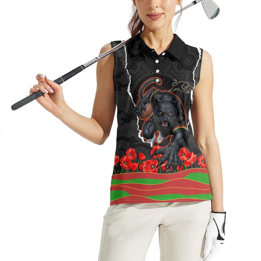Personalized Penrith Panthers ANZAC Tribute Women Sleeveless Polo Shirt Poppy Field Soldier Silhouette Aboriginal Rugby Mascot