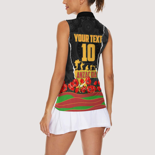 Personalized Penrith Panthers ANZAC Tribute Women Sleeveless Polo Shirt Poppy Field Soldier Silhouette Aboriginal Rugby Mascot