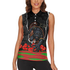 Personalized Penrith Panthers ANZAC Tribute Women Sleeveless Polo Shirt Poppy Field Soldier Silhouette Aboriginal Rugby Mascot