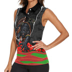 Personalized Penrith Panthers ANZAC Tribute Women Sleeveless Polo Shirt Poppy Field Soldier Silhouette Aboriginal Rugby Mascot