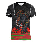 Personalized Penrith Panthers ANZAC Tribute Women V-Neck T-Shirt Poppy Field Soldier Silhouette Aboriginal Rugby Mascot