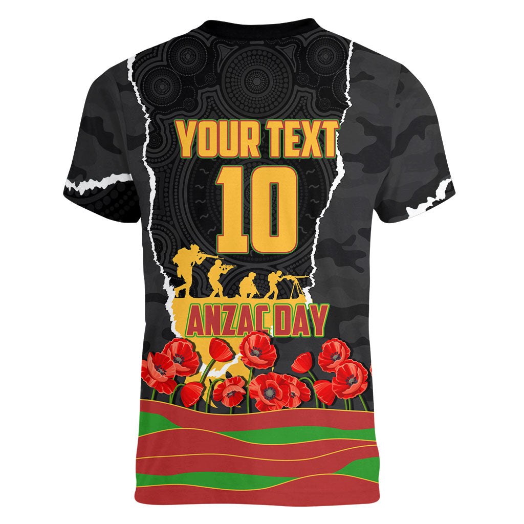 Personalized Penrith Panthers ANZAC Tribute Women V-Neck T-Shirt Poppy Field Soldier Silhouette Aboriginal Rugby Mascot
