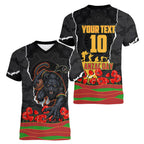 Personalized Penrith Panthers ANZAC Tribute Women V-Neck T-Shirt Poppy Field Soldier Silhouette Aboriginal Rugby Mascot