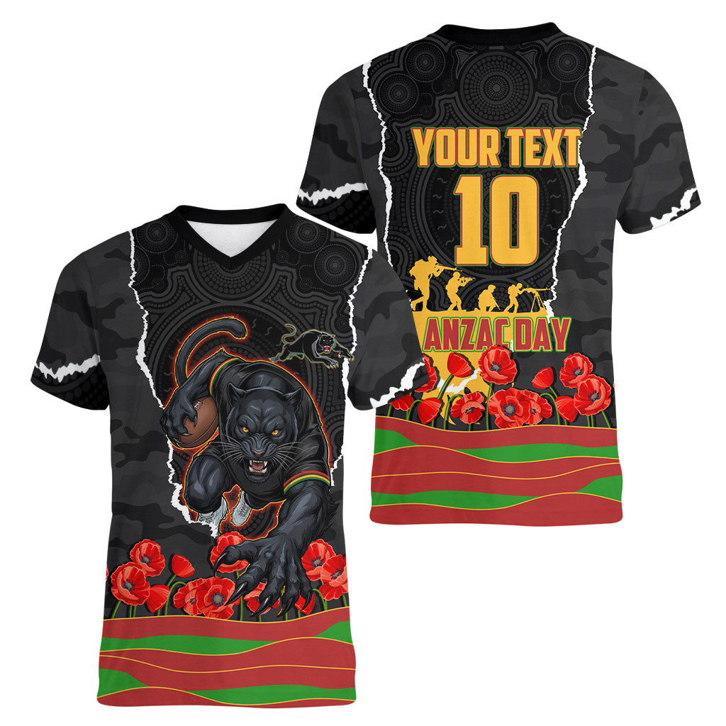 Personalized Penrith Panthers ANZAC Tribute Women V-Neck T-Shirt Poppy Field Soldier Silhouette Aboriginal Rugby Mascot