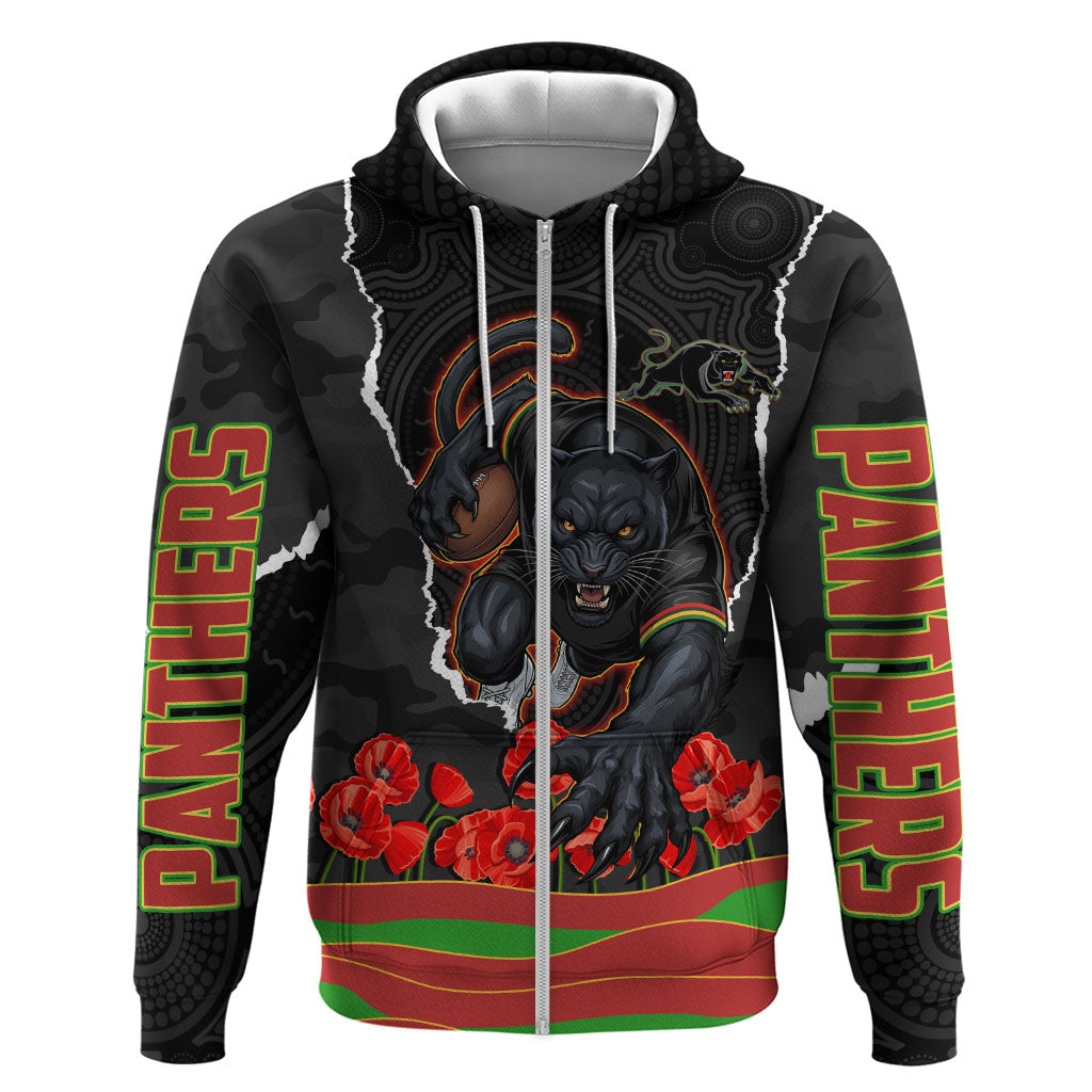 Personalized Penrith Panthers ANZAC Tribute Zip Hoodie Poppy Field Soldier Silhouette Aboriginal Rugby Mascot