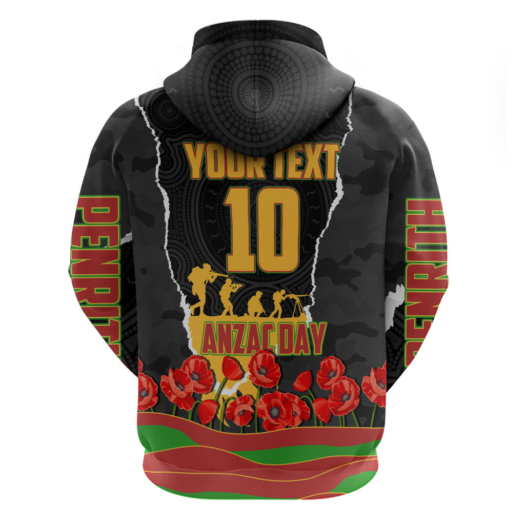 Personalized Penrith Panthers ANZAC Tribute Zip Hoodie Poppy Field Soldier Silhouette Aboriginal Rugby Mascot