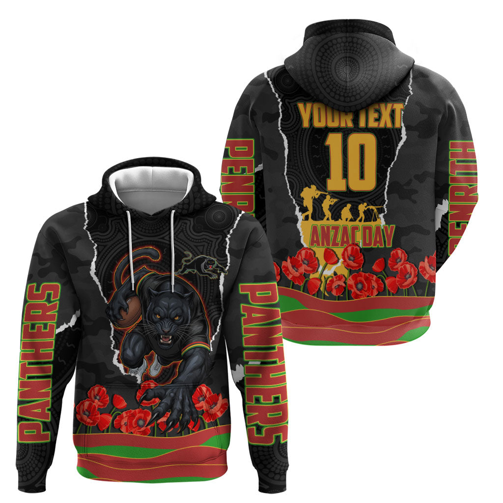 Personalized Penrith Panthers ANZAC Tribute Zip Hoodie Poppy Field Soldier Silhouette Aboriginal Rugby Mascot