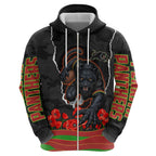Personalized Penrith Panthers ANZAC Tribute Zip Hoodie Poppy Field Soldier Silhouette Aboriginal Rugby Mascot