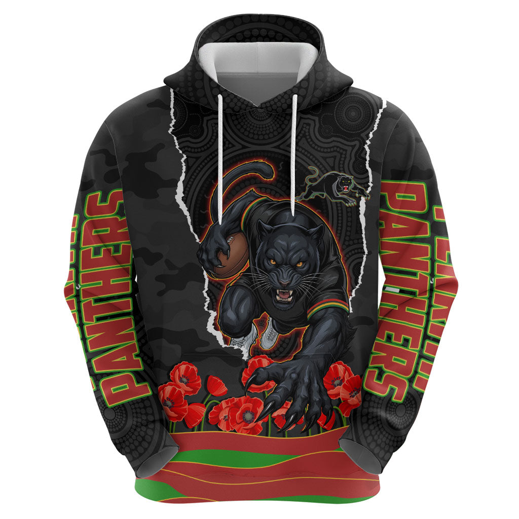 Personalized Penrith Panthers ANZAC Tribute Zip Hoodie Poppy Field Soldier Silhouette Aboriginal Rugby Mascot