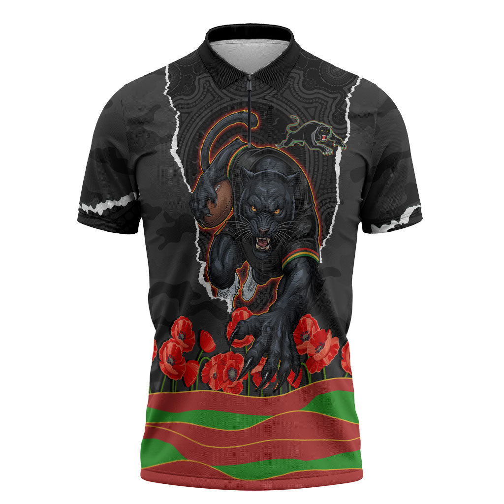 Personalized Penrith Panthers ANZAC Tribute Zipper Polo Shirt Poppy Field Soldier Silhouette Aboriginal Rugby Mascot