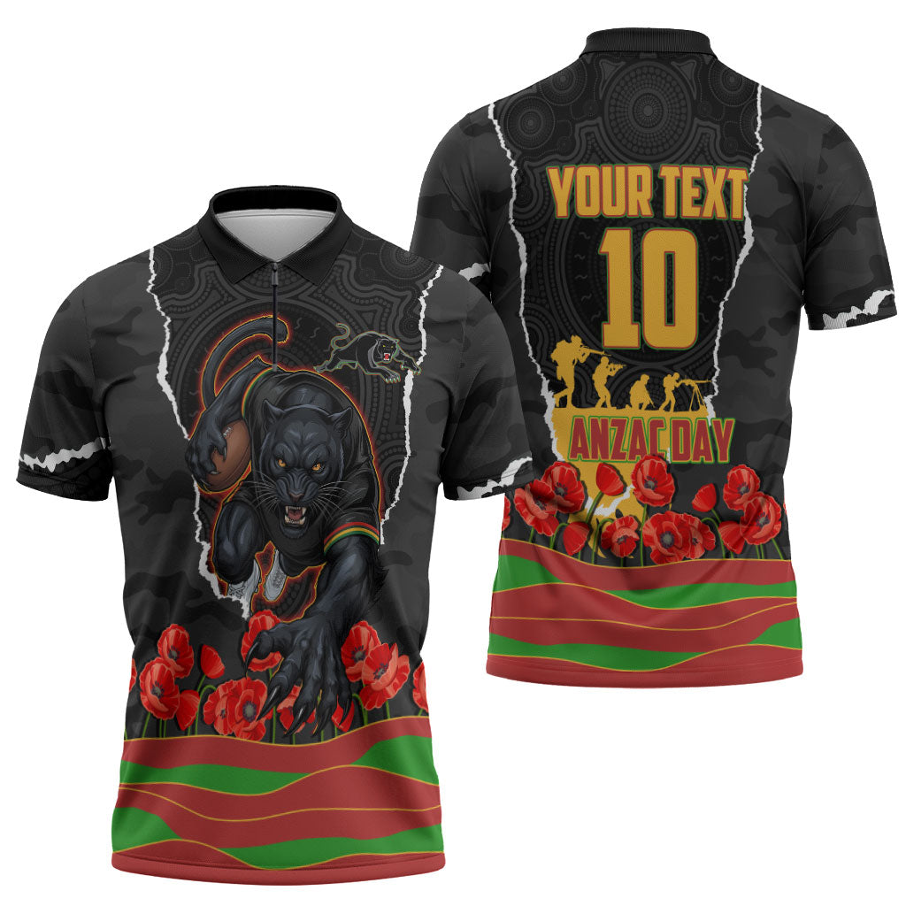 Personalized Penrith Panthers ANZAC Tribute Zipper Polo Shirt Poppy Field Soldier Silhouette Aboriginal Rugby Mascot