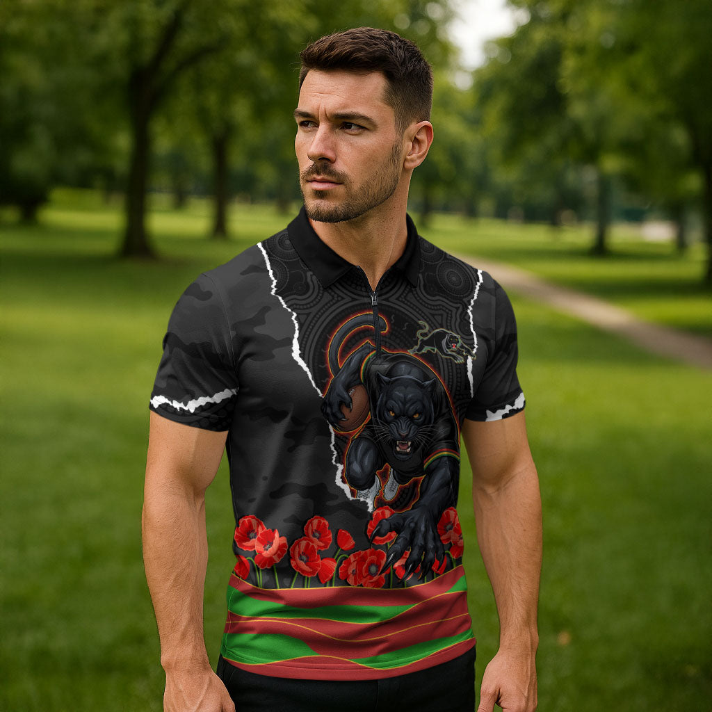 Personalized Penrith Panthers ANZAC Tribute Zipper Polo Shirt Poppy Field Soldier Silhouette Aboriginal Rugby Mascot