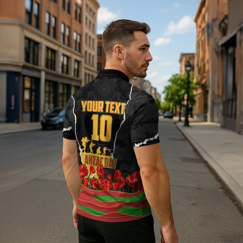 Personalized Penrith Panthers ANZAC Tribute Zipper Polo Shirt Poppy Field Soldier Silhouette Aboriginal Rugby Mascot