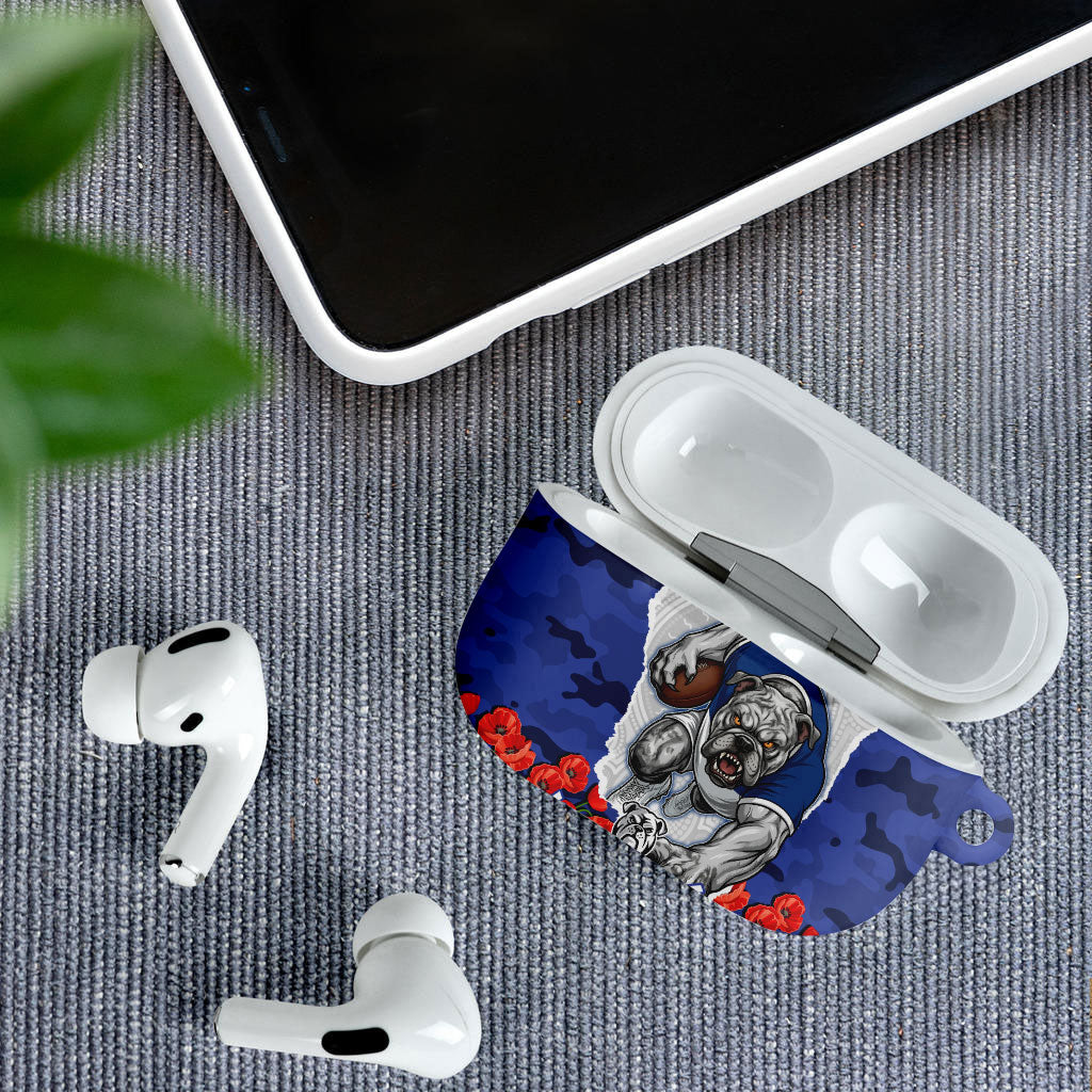 Personalized Bulldogs ANZAC Tribute AirPods Case Poppy Field Soldier Silhouette Aboriginal Rugby Mascot