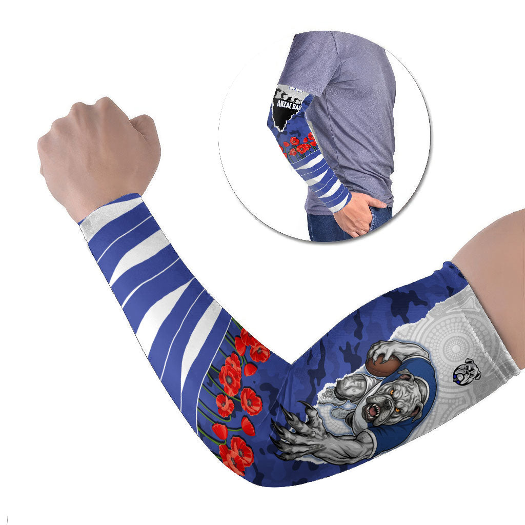 Personalized Bulldogs ANZAC Tribute Arm Sleeves Poppy Field Soldier Silhouette Aboriginal Rugby Mascot