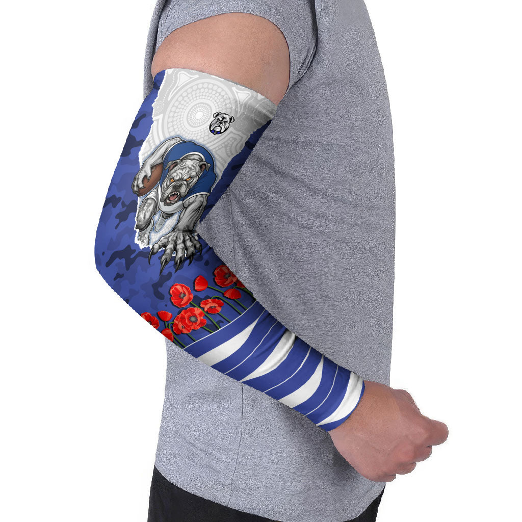 Personalized Bulldogs ANZAC Tribute Arm Sleeves Poppy Field Soldier Silhouette Aboriginal Rugby Mascot