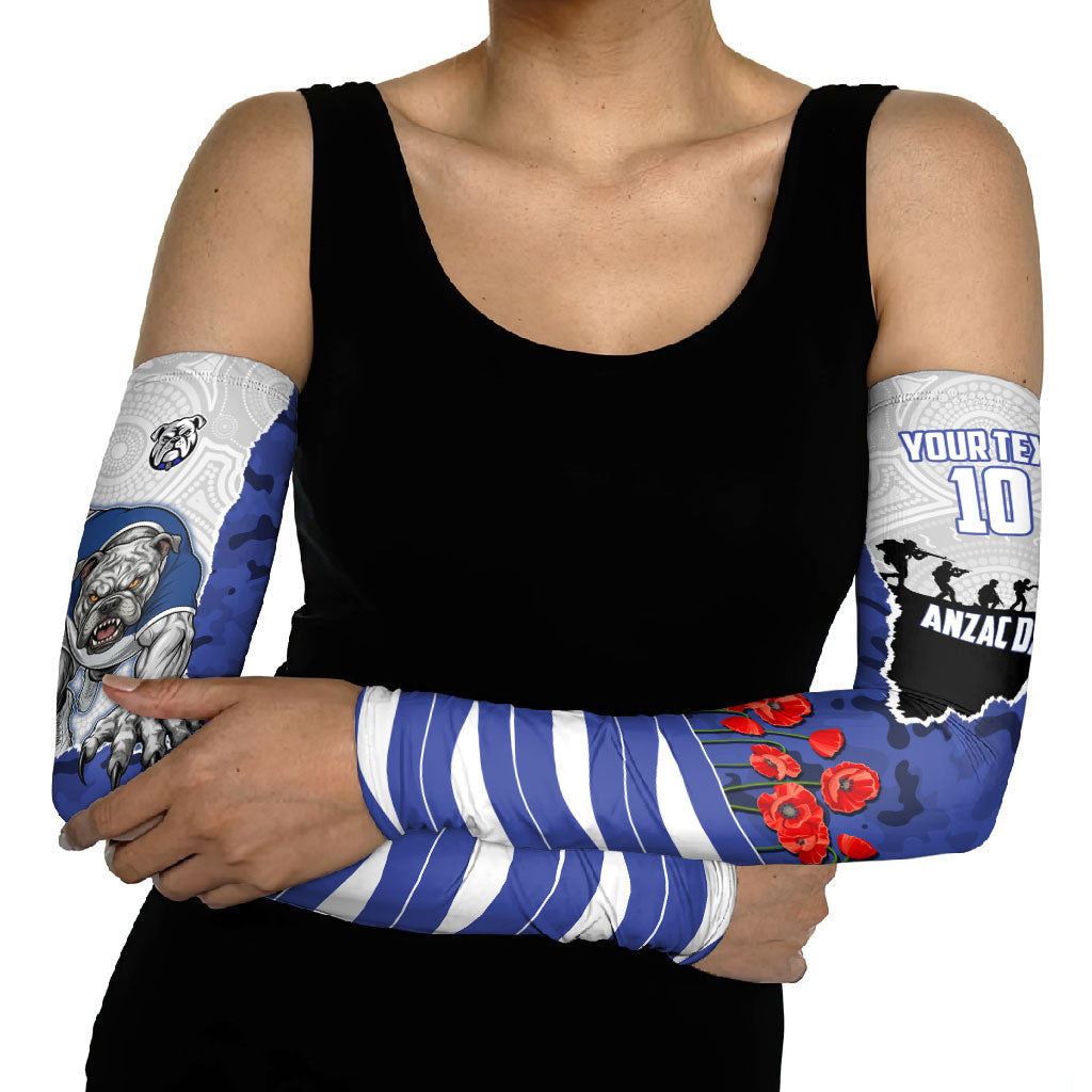 Personalized Bulldogs ANZAC Tribute Arm Sleeves Poppy Field Soldier Silhouette Aboriginal Rugby Mascot