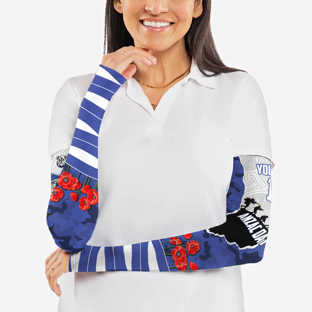 Personalized Bulldogs ANZAC Tribute Arm Sleeves Poppy Field Soldier Silhouette Aboriginal Rugby Mascot