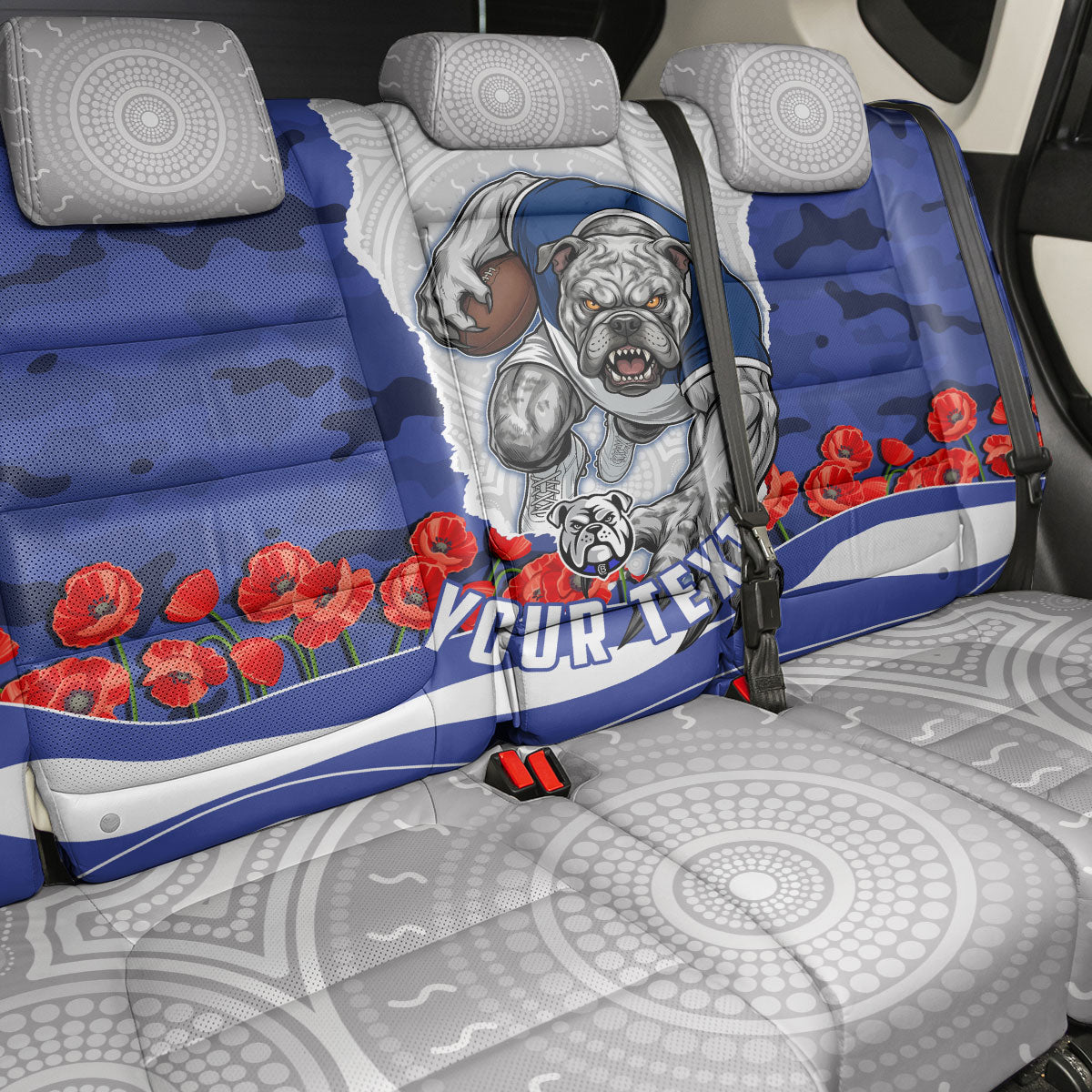 Personalized Bulldogs ANZAC Tribute Back Car Seat Cover Poppy Field Soldier Silhouette Aboriginal Rugby Mascot