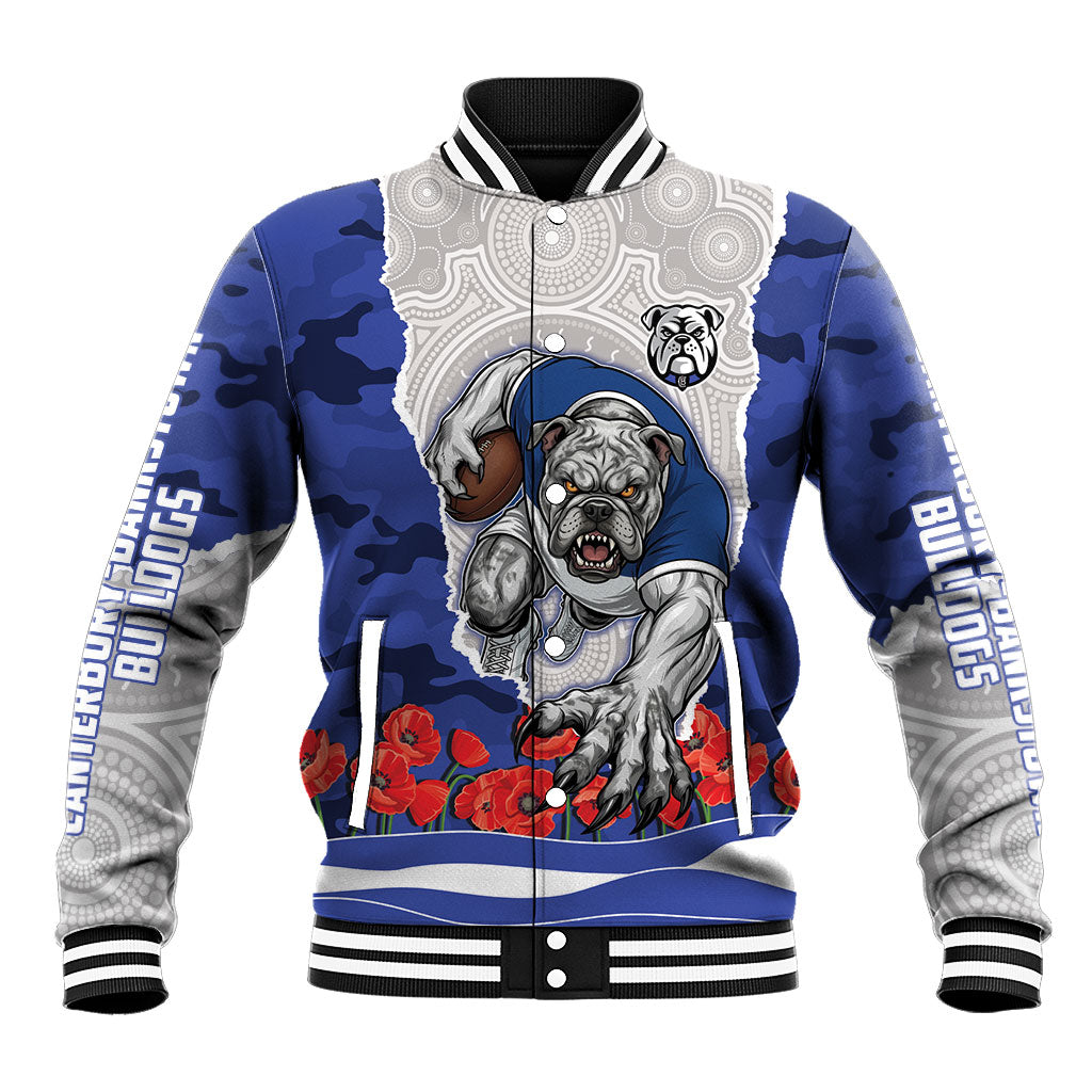 Personalized Bulldogs ANZAC Tribute Baseball Jacket Poppy Field Soldier Silhouette Aboriginal Rugby Mascot