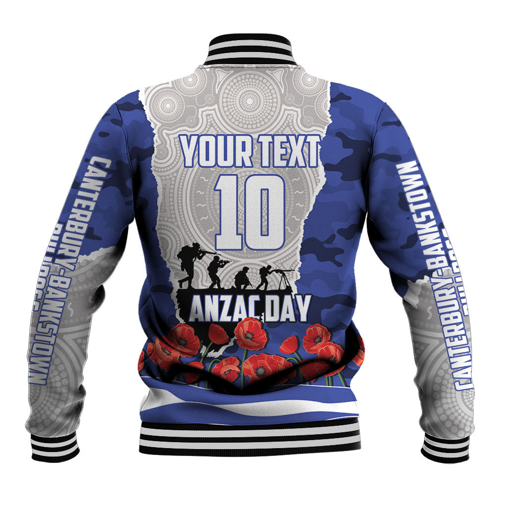 Personalized Bulldogs ANZAC Tribute Baseball Jacket Poppy Field Soldier Silhouette Aboriginal Rugby Mascot