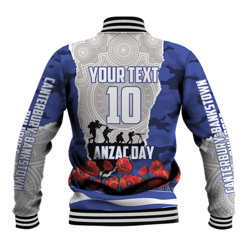 Personalized Bulldogs ANZAC Tribute Baseball Jacket Poppy Field Soldier Silhouette Aboriginal Rugby Mascot